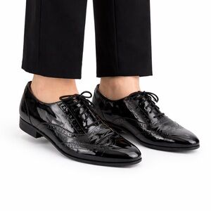 Size 7 J Crew Women’s Patent Leather Oxford Wingtip Brogue Dress Shoes Black